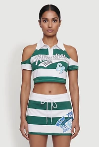Graphic Striped Cold Shoulder Polo Crop Top