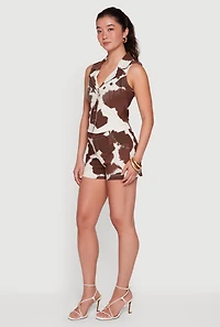 Cow Print Metallic Fringe Detail Button Front Vest