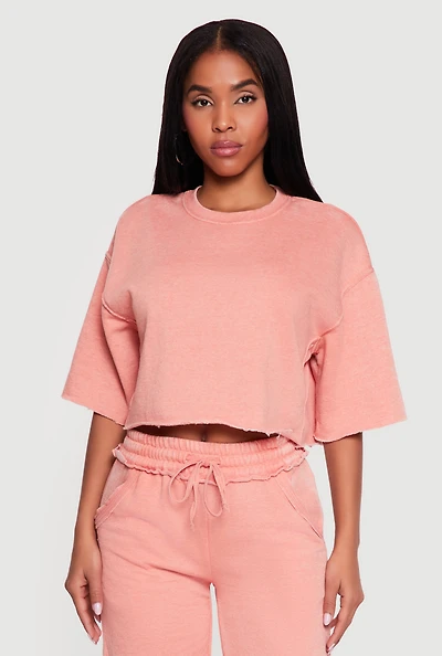Acid Wash Short Sleeve Fleece Cropped Sweatshirt