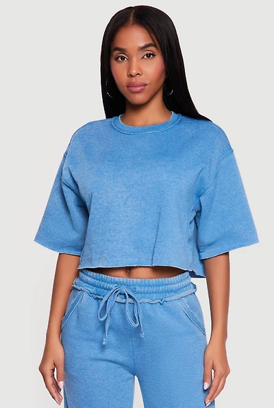 Acid Wash Short Sleeve Fleece Cropped Sweatshirt