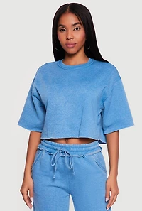 Acid Wash Short Sleeve Fleece Cropped Sweatshirt