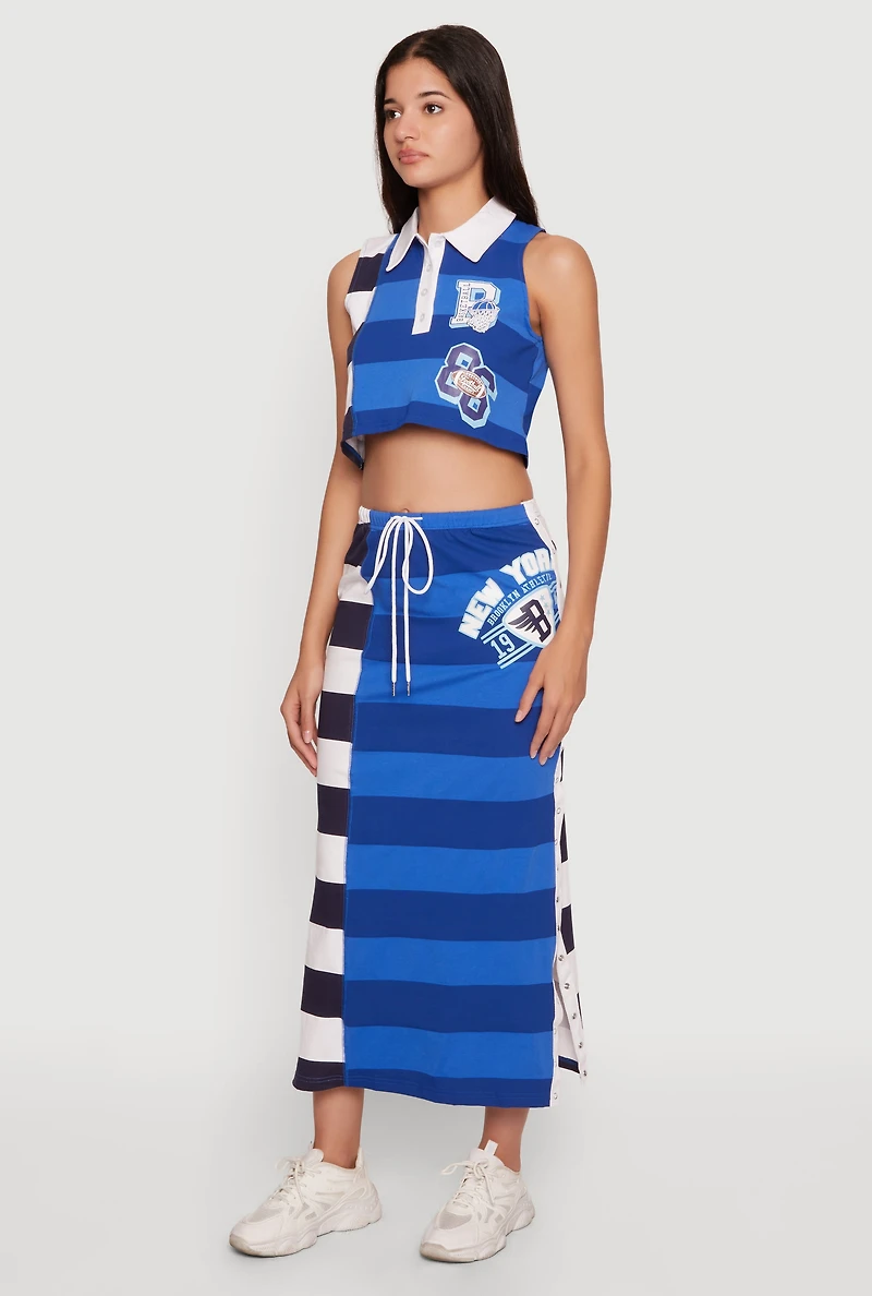 Striped New York Graphic Snap Button Detail Skirt