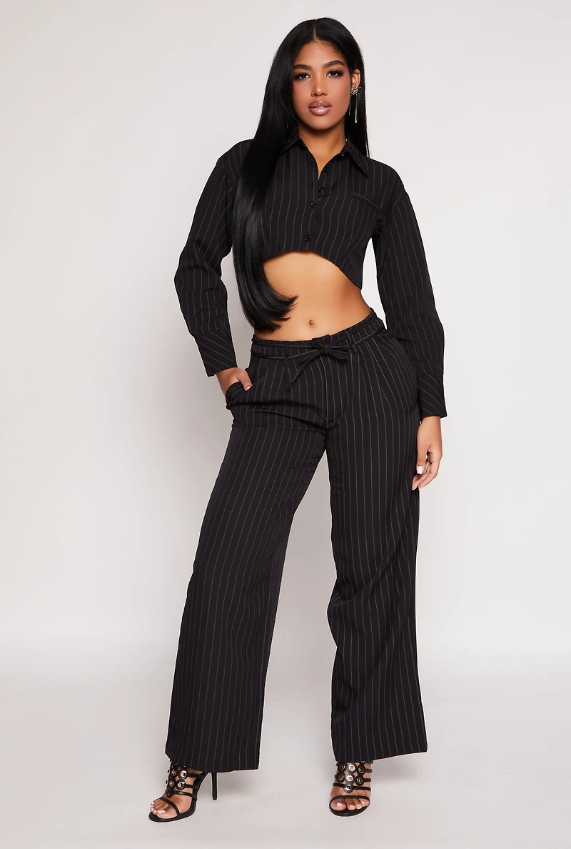 Womens Pinstripe Cropped Shirt, Black,