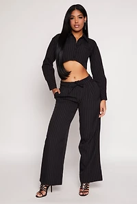Womens Pinstripe Cropped Shirt, Black,