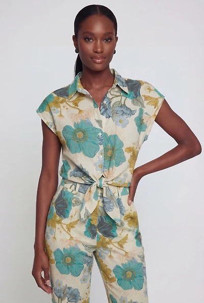 Linen Cap Sleeve Floral Shirt with Tie Front
