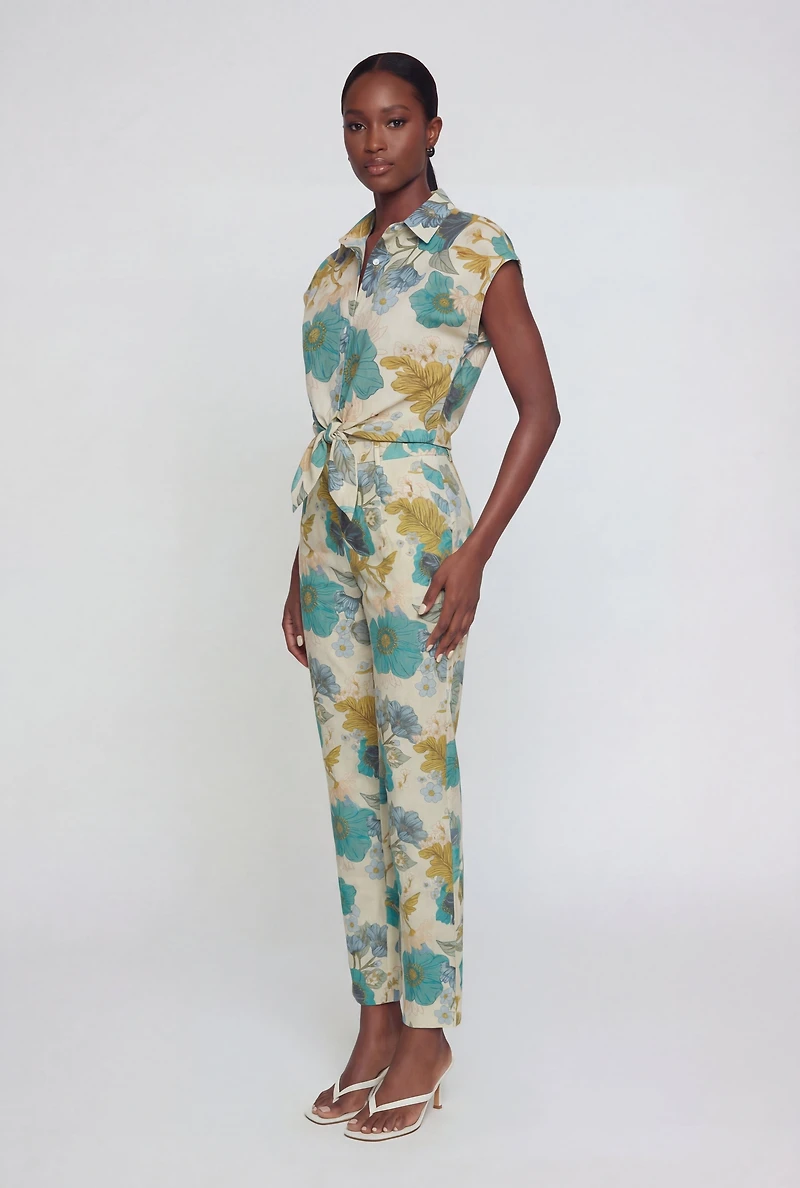 Linen Cap Sleeve Floral Shirt with Tie Front