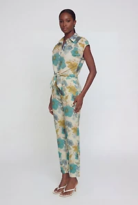 Linen Cap Sleeve Floral Shirt with Tie Front