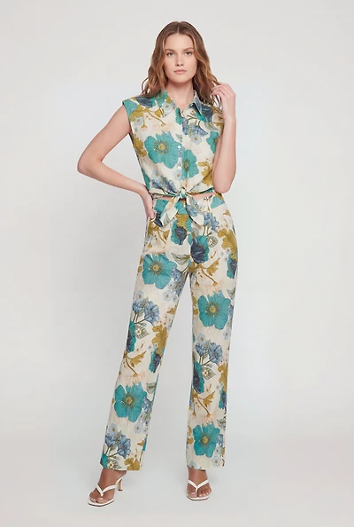 Linen Floral Straight Leg Pants