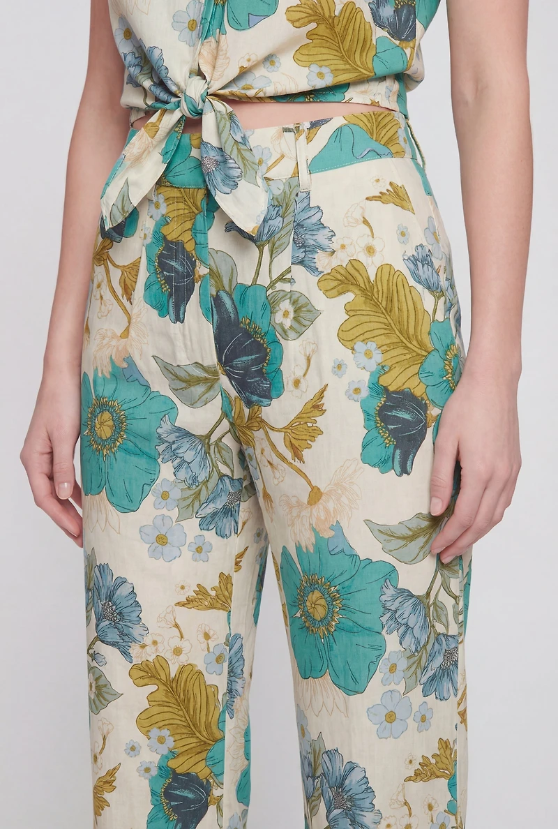 Linen Floral Straight Leg Pants