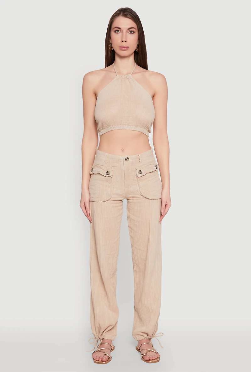 Womens Spoon Jeans Gauze Knit Cargo Joggers, Khaki, Size S