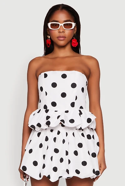 Womens Spoon Jeans Bubble Hem Polka Dot Crop Top, White, Size M