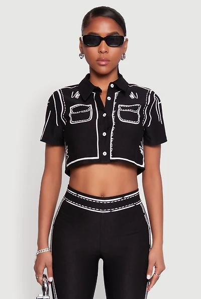 Womens 2D Optical Illusion Cropped Shirt, Black, Size M