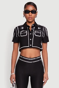 Womens 2D Optical Illusion Cropped Shirt, Black, Size M