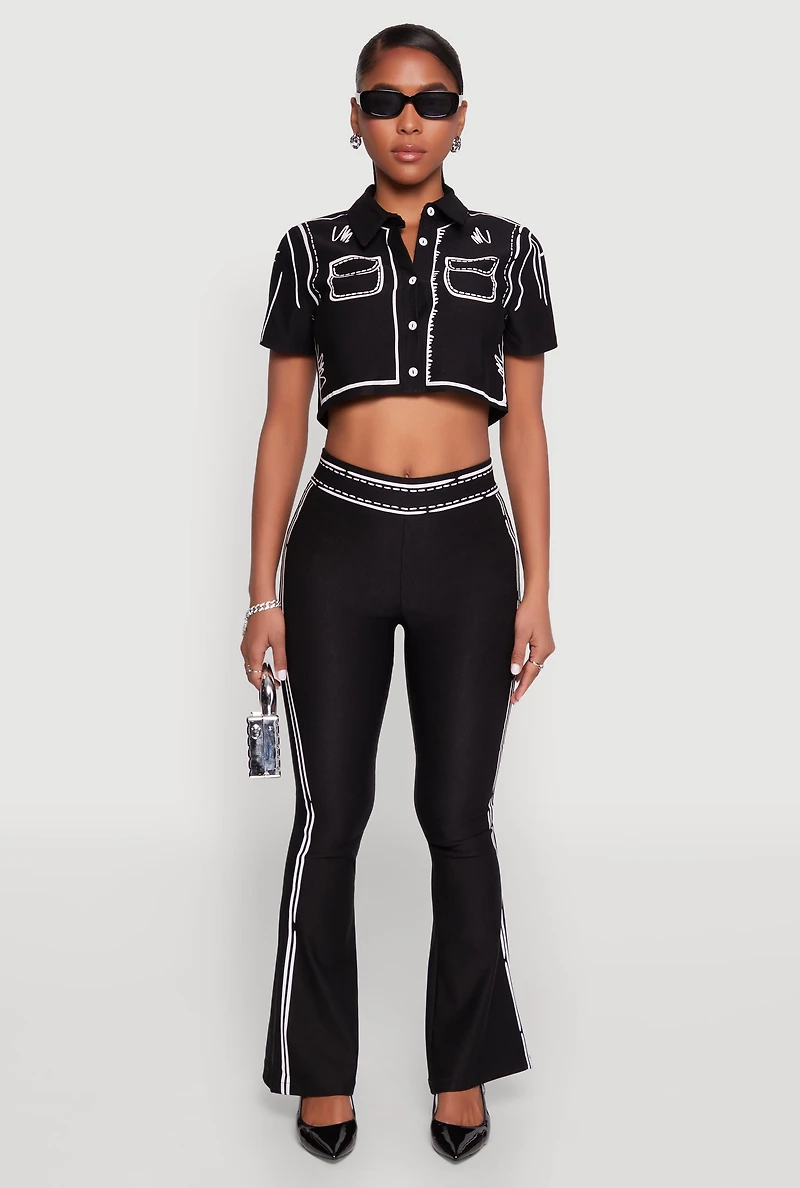 Womens 2D Optical Illusion Cropped Shirt, Black, Size M