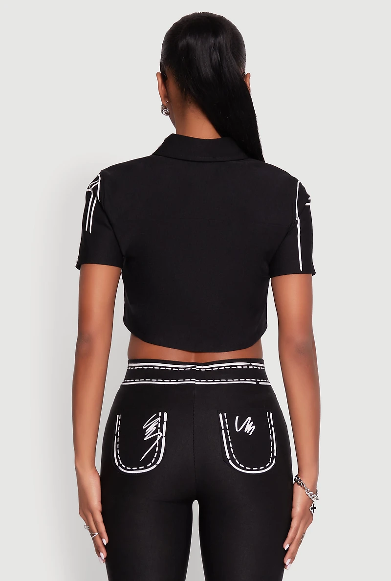 Womens 2D Optical Illusion Cropped Shirt, Black, Size M