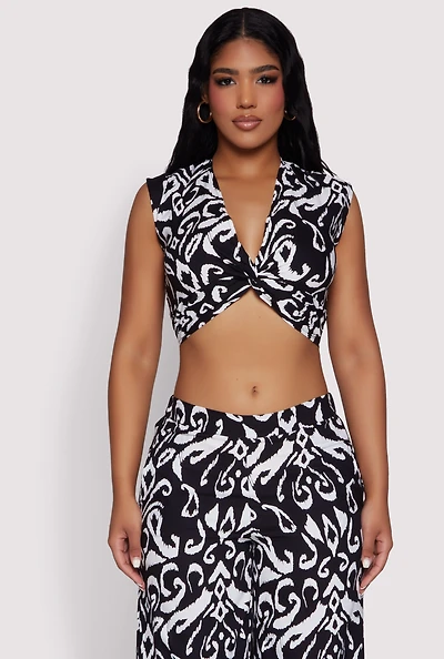 Womens Spoon Jeans Printed Pattern Twist Front Crop Top, Multi, Size M