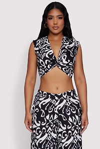 Womens Spoon Jeans Printed Pattern Twist Front Crop Top, Multi, Size S