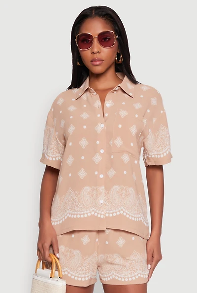 Womens Crepe Knit Bandana Print Shirt,