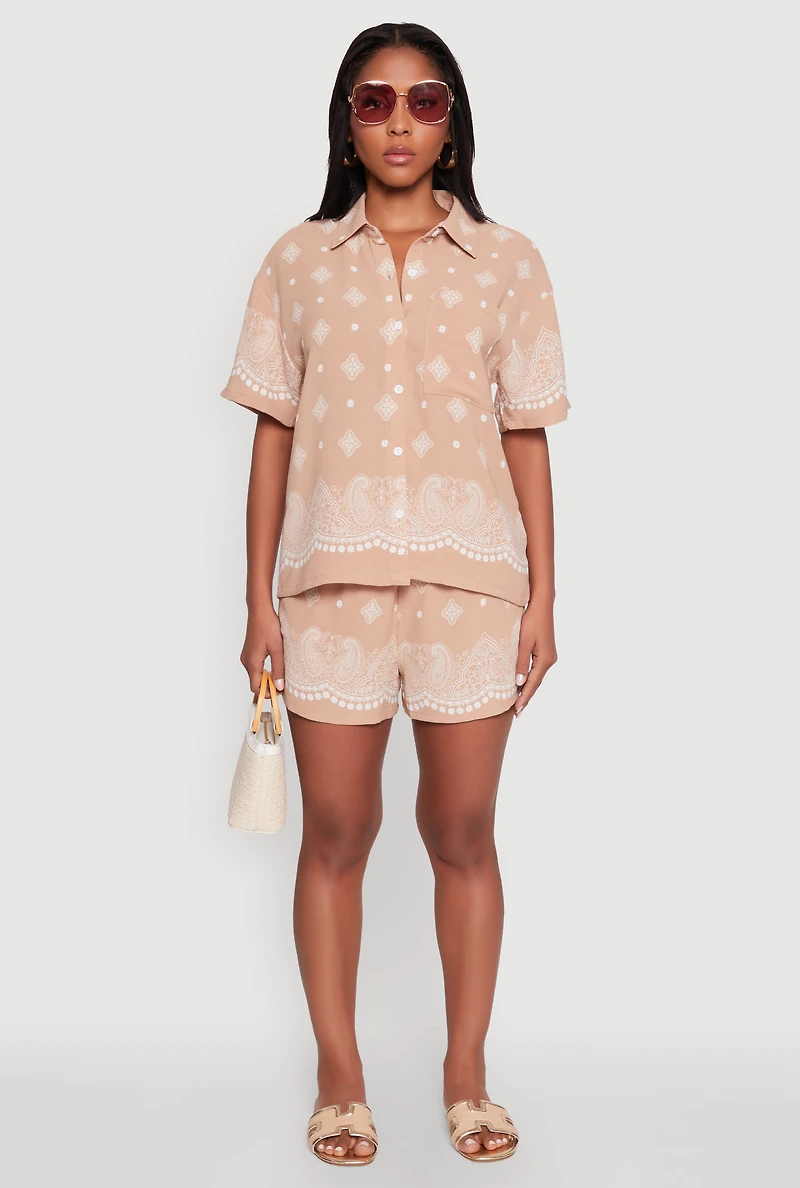 Womens Crepe Knit Bandana Print Shirt, L