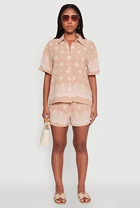 Womens Crepe Knit Bandana Print Shirt, Beige, Size S