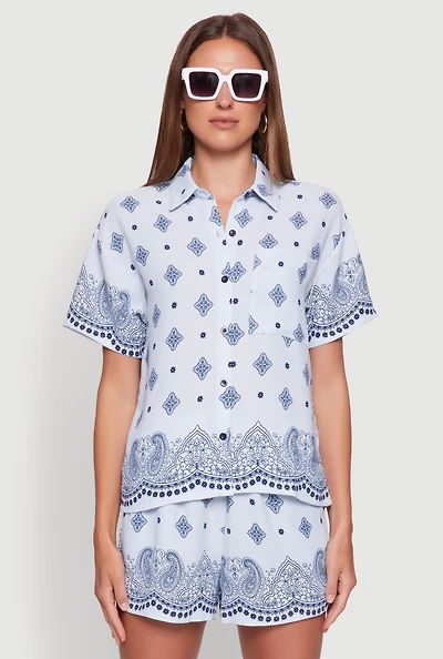 Womens Crepe Knit Bandana Print Shirt,