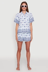 Womens Crepe Knit Bandana Print Shirt, Blue, Size M