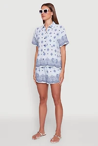 Womens Crepe Knit Bandana Print Shirt, Blue, Size M