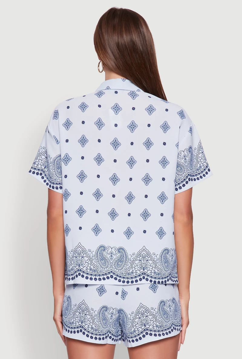 Womens Crepe Knit Bandana Print Shirt, Blue, Size S
