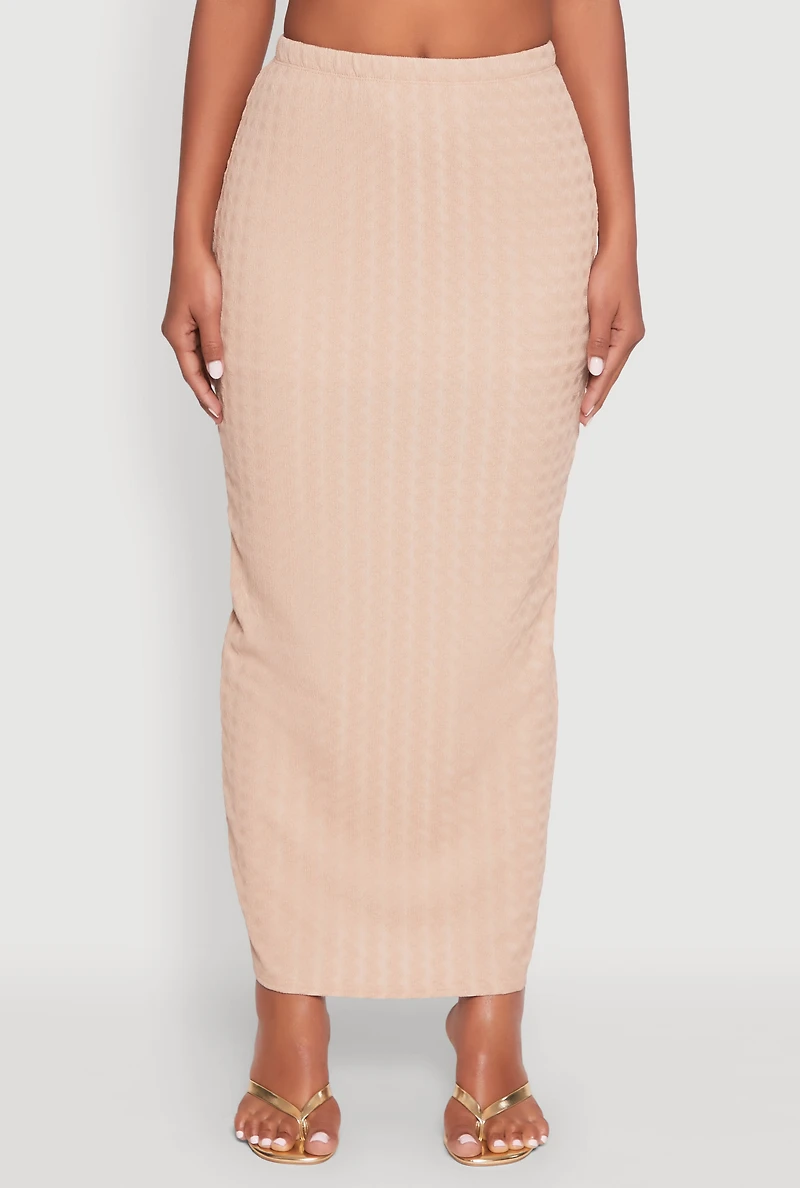 Womens Textured Knit High Waisted Maxi Skirt, Khaki,