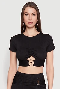 Womens O Ring Metallic Detail Cut Out Crop Top, Black, Size M
