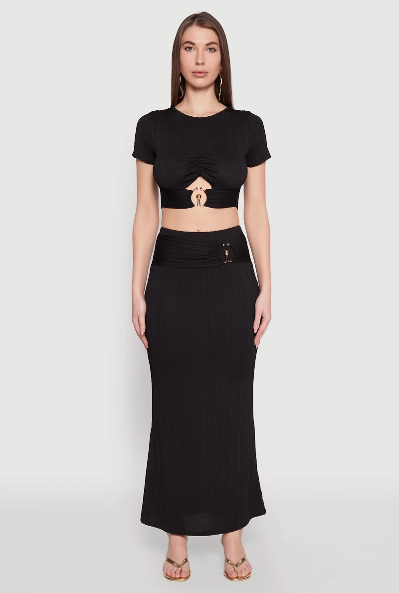 Womens O Ring Metallic Detail Cut Out Crop Top, Black, Size M