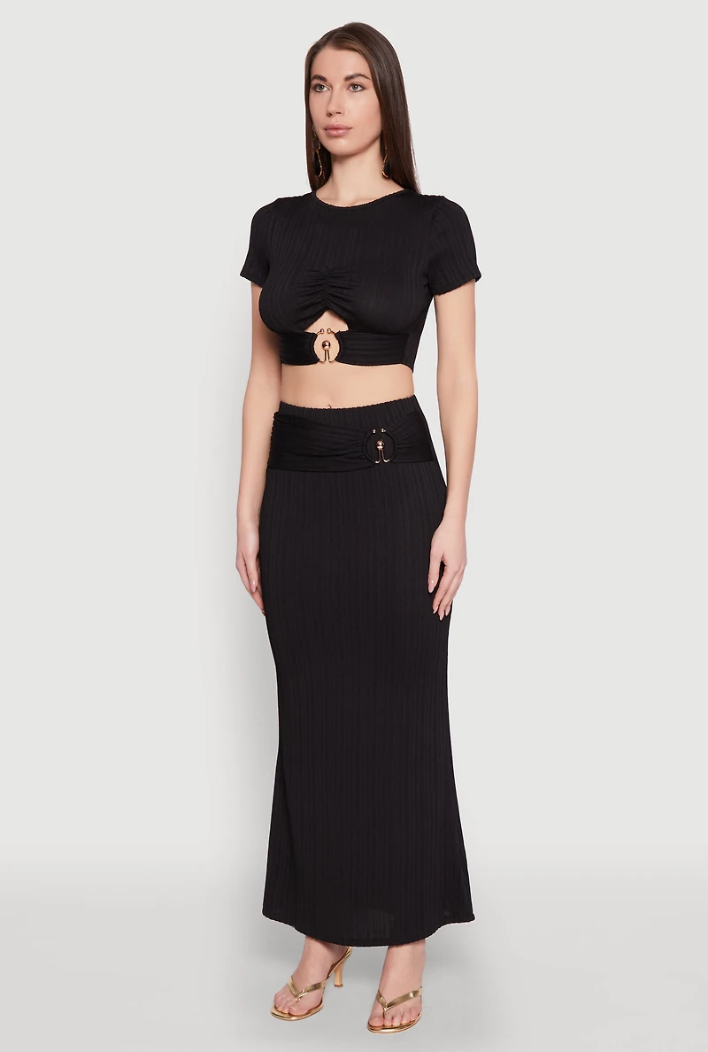 Womens O Ring Metallic Detail Cut Out Crop Top, Black, Size M