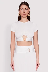 Womens O Ring Metallic Detail Cut Out Crop Top, White, Size M
