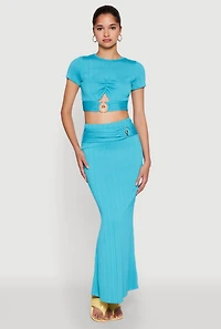 Womens O Ring Metallic Detail Cut Out Crop Top, Blue,
