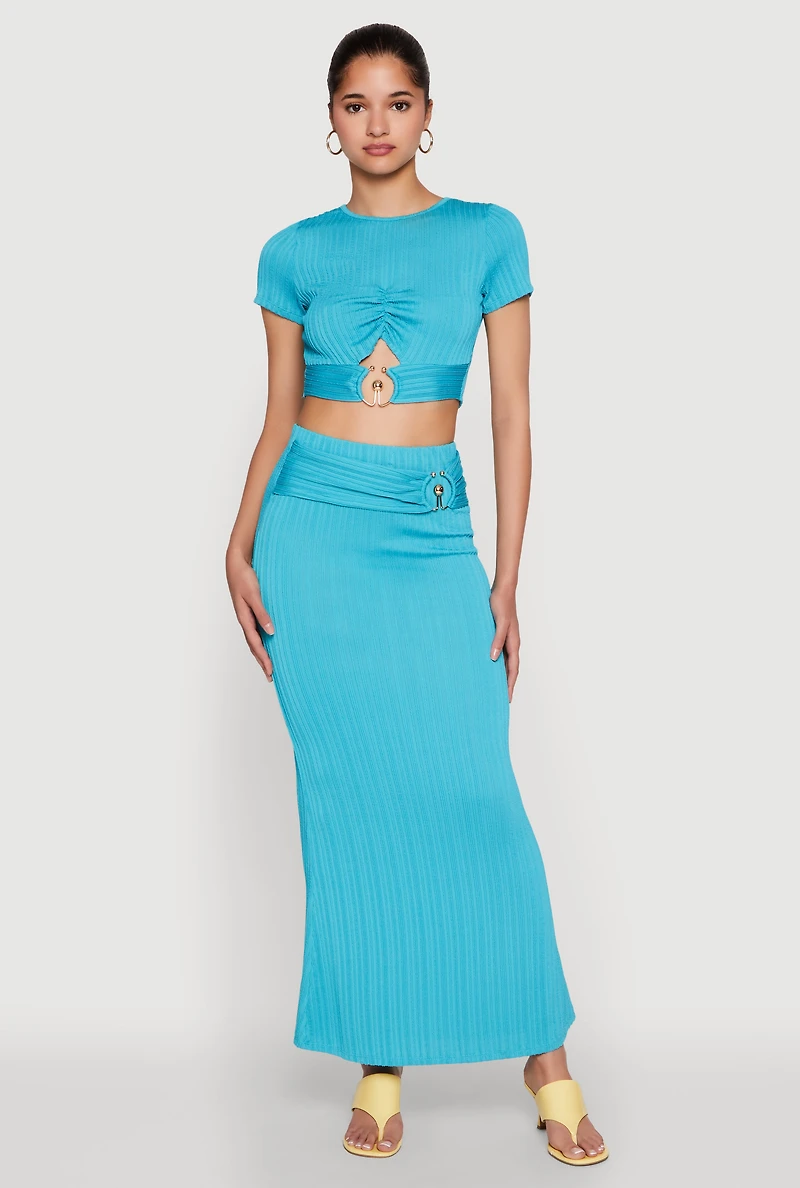 Womens O Ring Metallic Detail Maxi Skirt, Blue, Size XL