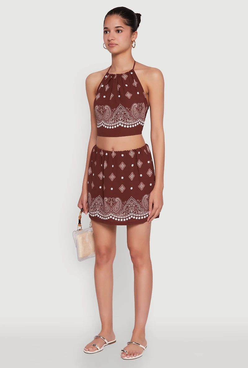 Womens Bandana Print Cropped Halter Top, Brown, Size L
