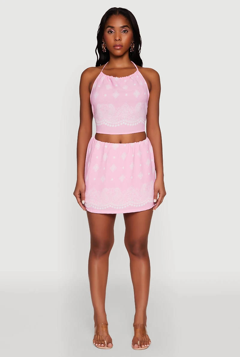 Womens Bandana Print Cropped Halter Top, Pink, Size L