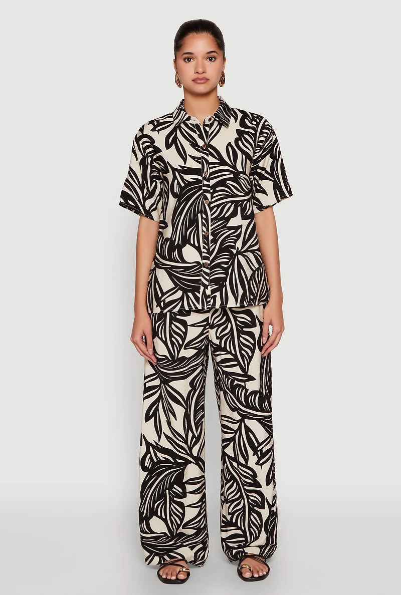 Womens Palm Leaf Print Button Front Shirt, Multi,