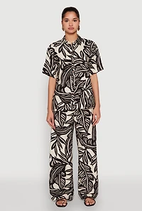 Womens Palm Leaf Print Button Front Shirt, Multi,