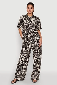 Womens Palm Leaf Print Button Front Shirt, Multi,