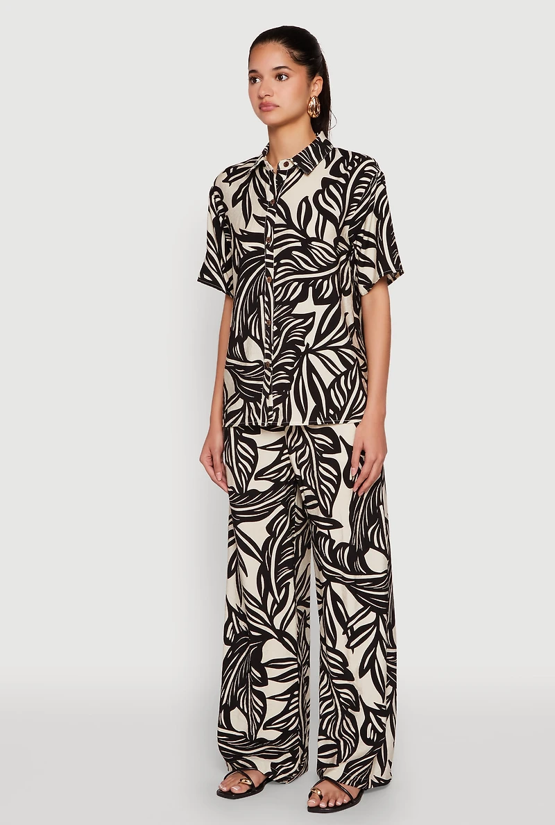 Womens Palm Leaf Print Button Front Shirt, Multi,