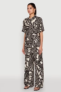 Womens Palm Leaf Print Button Front Shirt, Multi,