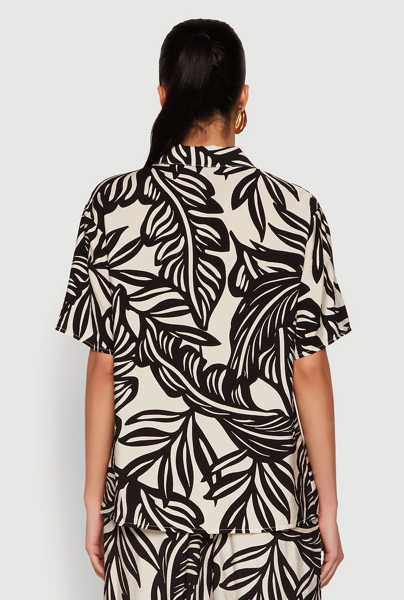 Womens Palm Leaf Print Button Front Shirt, Multi,