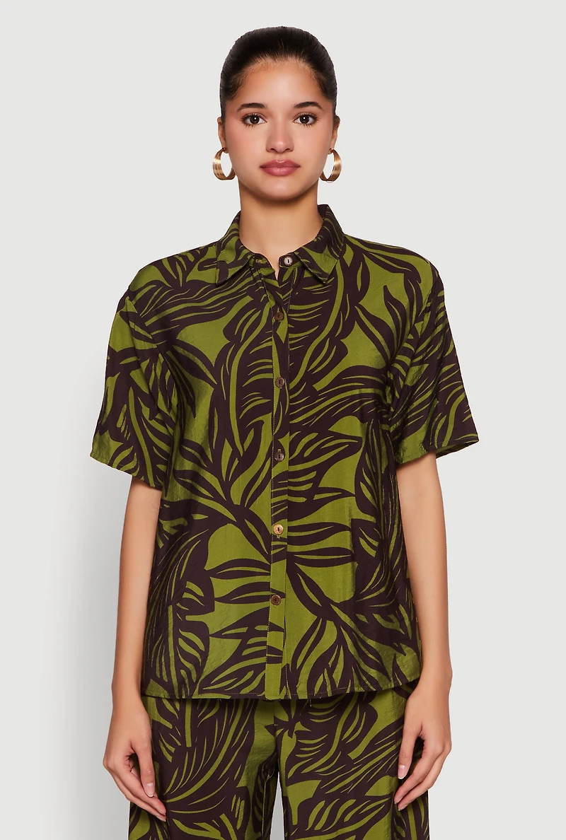Palm Leaf Print Button Front Shirt