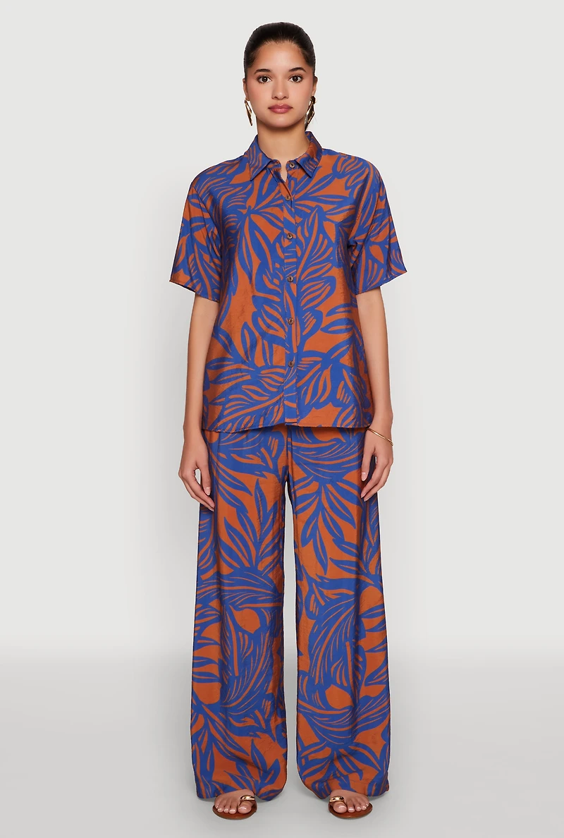 Womens Palm Leaf Print Button Front Shirt, Multi,