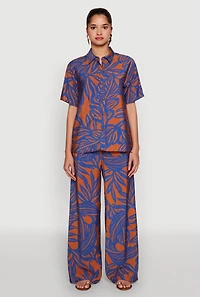 Womens Palm Leaf Print Button Front Shirt, Multi,