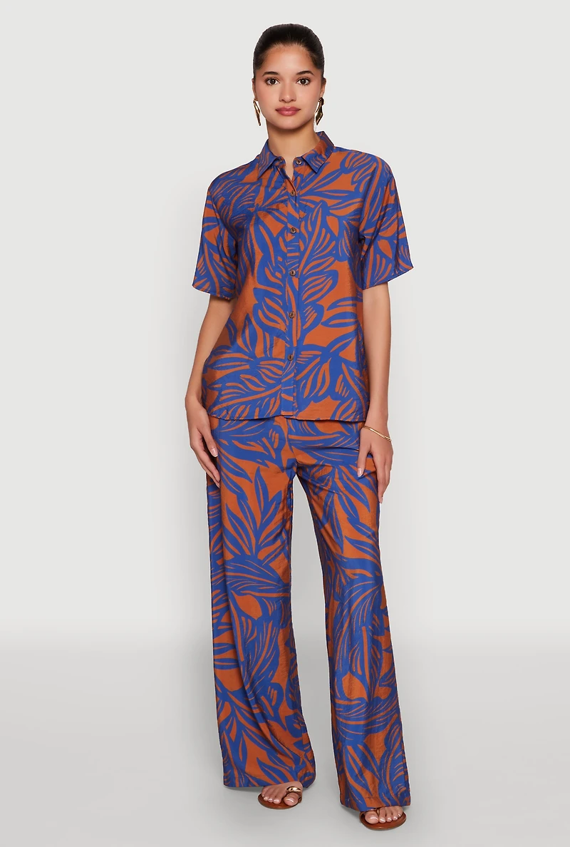 Womens Palm Leaf Print Button Front Shirt, Multi,