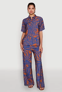 Womens Palm Leaf Print Button Front Shirt, Multi,