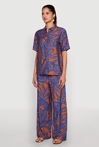 Womens Palm Leaf Print Button Front Shirt, Multi, Size S