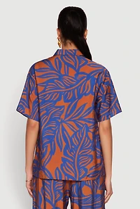 Womens Palm Leaf Print Button Front Shirt, Multi, Size S